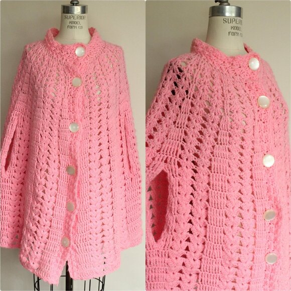 Vintage Sweaters - Vintage 1960s 1970s Poncho Shawl, Pink Knit or Crochet with Buttons Cape Wrap